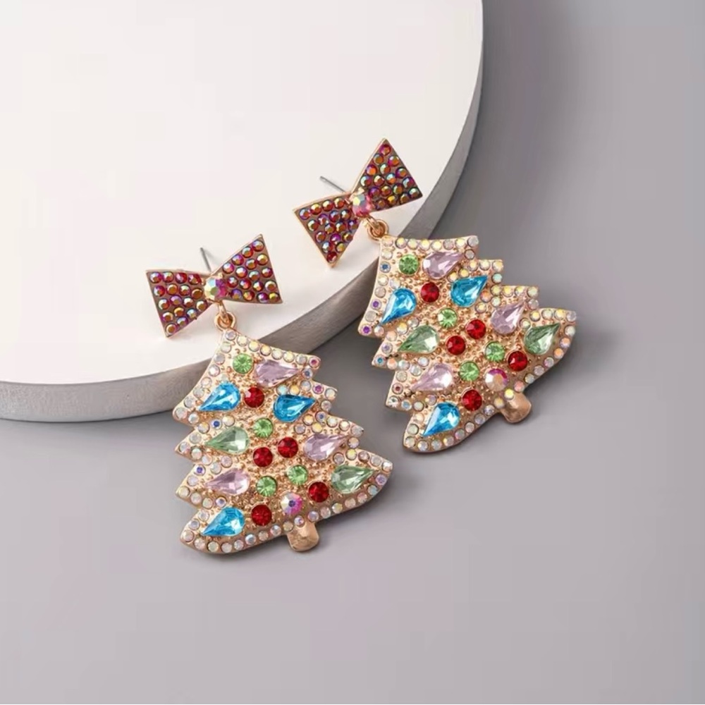 NWT Colorful Rhinestone Christmas Tree Dangle Earrings - Picture 2 of 5